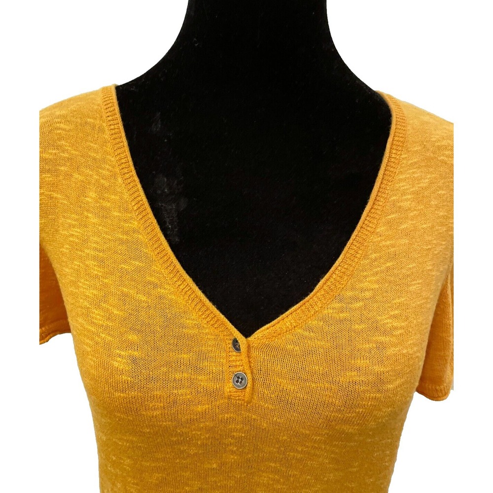 Eileen Fisher Womens Pullover Short Sleeve Henley Top Large Gold Linen Blend - Picture 9 of 12